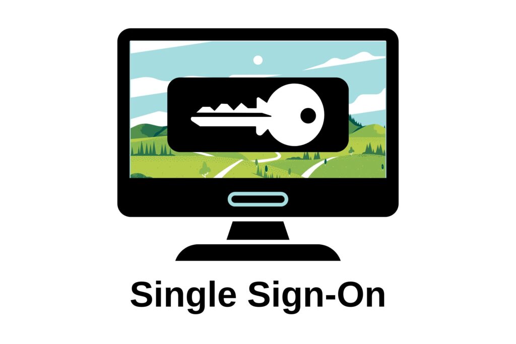Drawing of a key on a computer screen with a desktop background image of grassy mountains