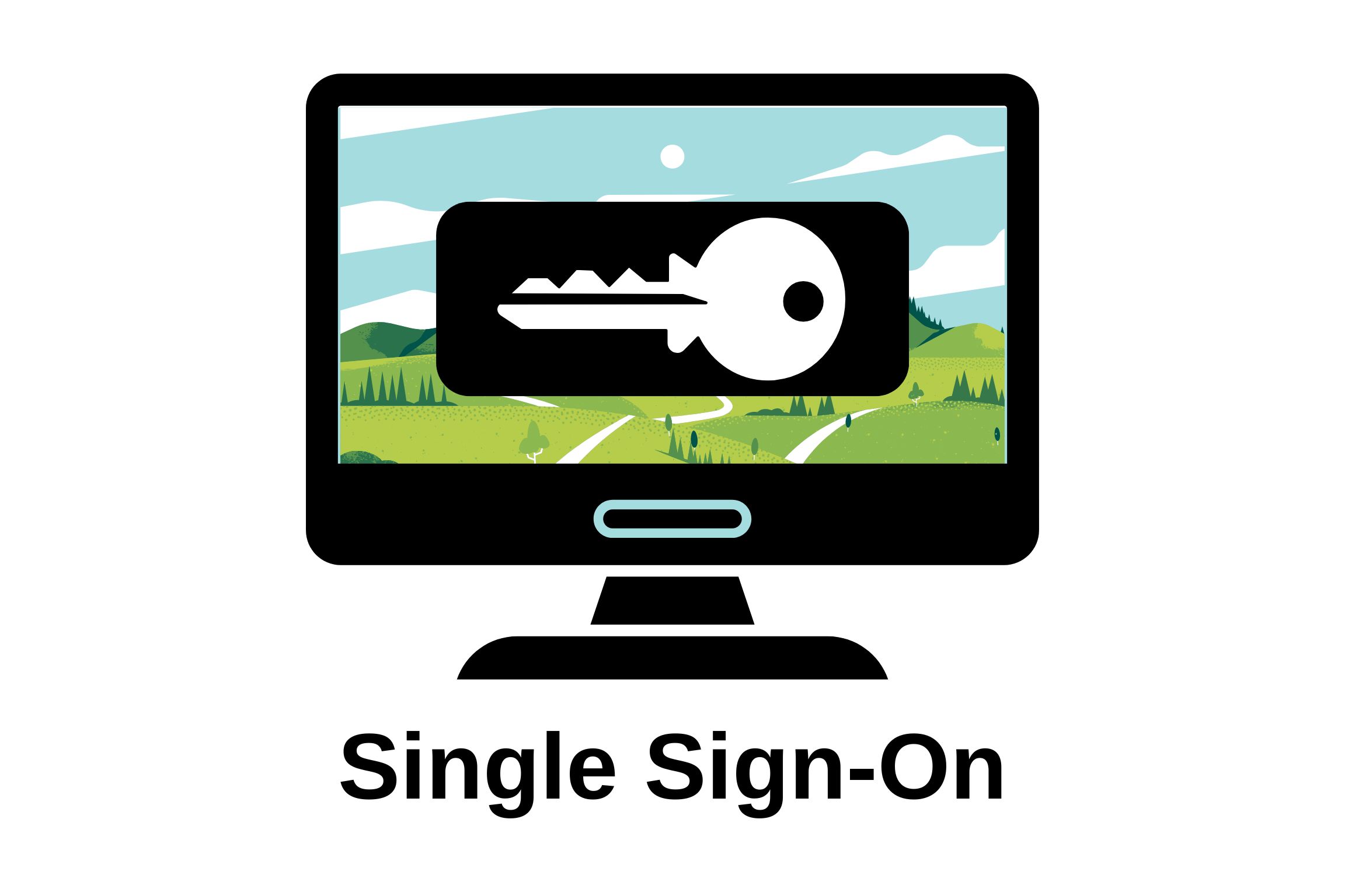Drawing of a key on a computer screen with a desktop background image of grassy mountains